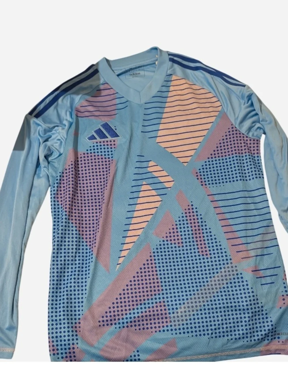 adidas Light Blue Athletic Top with Pink Dot Print and Navy Trim